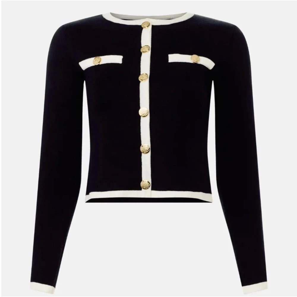 Alexia Admor Black White Career Cardigan Sweater SMALL Preppy Bolero Jacket $169 - Picture 4 of 13
